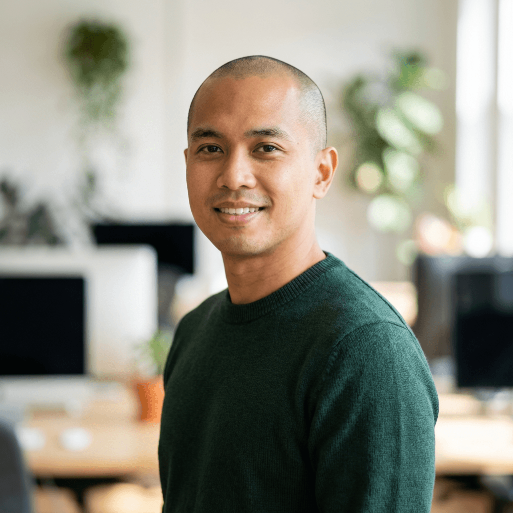 Modern office workspace with a professional founder reviewing analytics on a screen