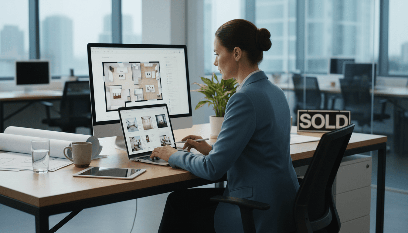Professional real estate agent working on a laptop in a modern office