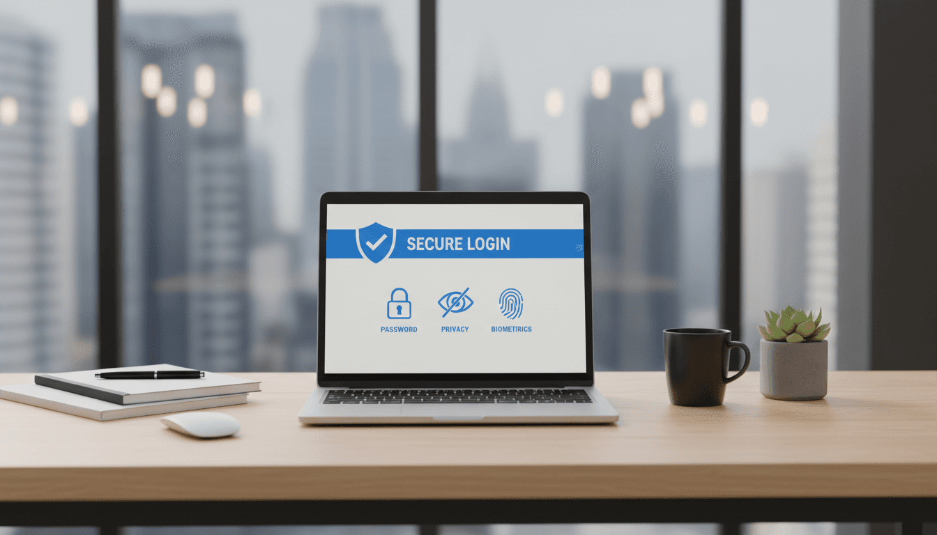 Modern office desk with laptop showing secure login and privacy icons