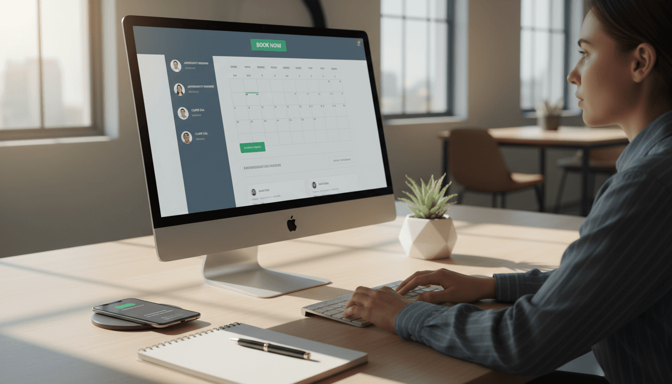 Real estate professional booking an appointment into a calendar at a modern desk
