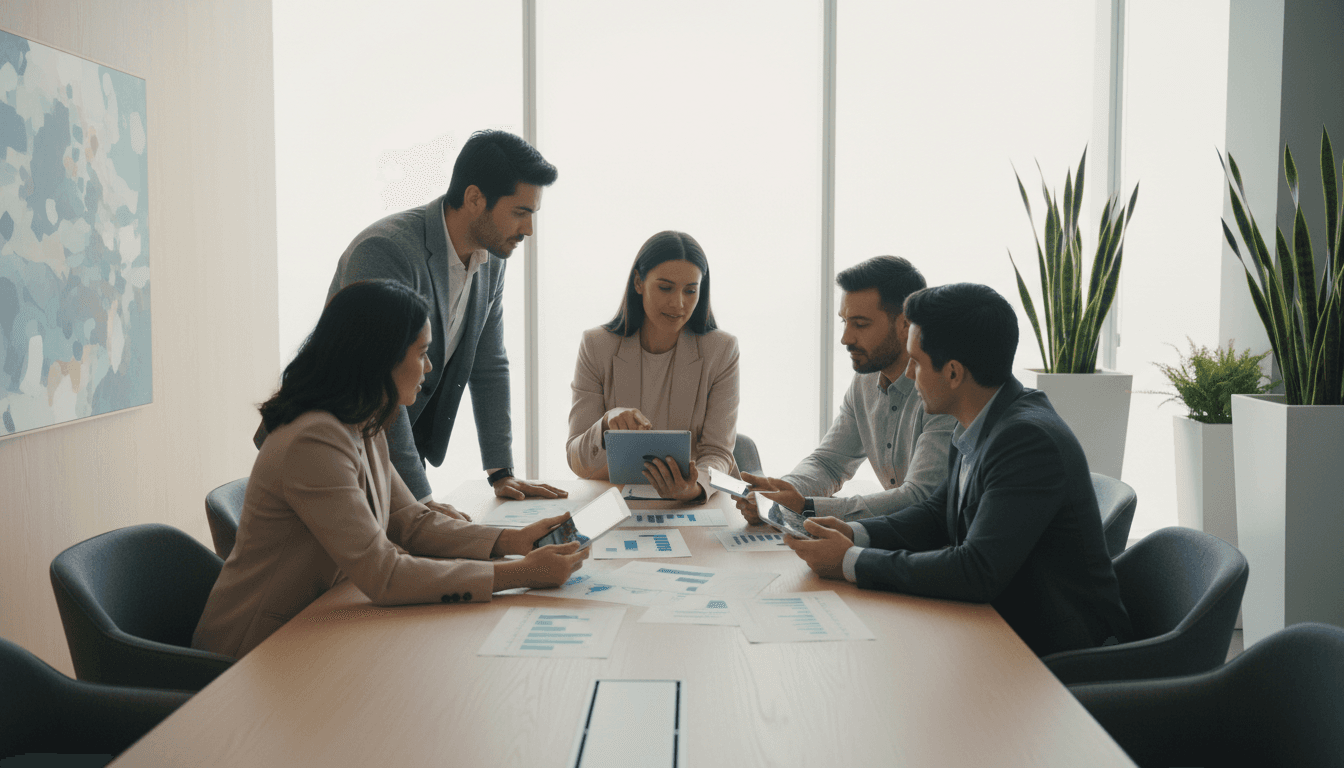 Diverse professionals reviewing network diagrams and growth charts at modern conference table in naturally-lit office