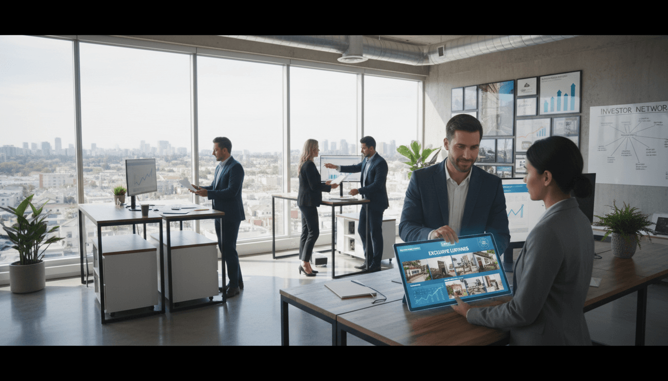 Real estate professionals working together at a laptop in a modern office