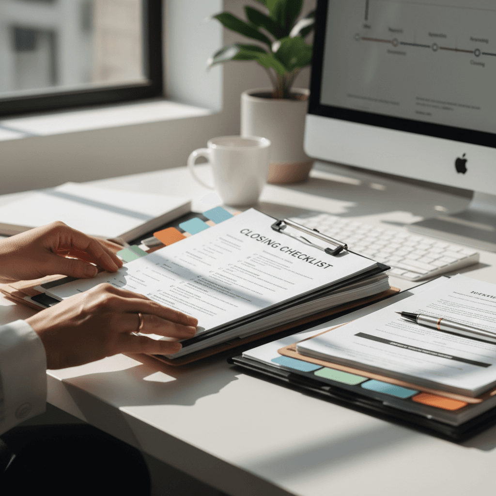 Real estate agent organizing client contact information at a clean desk