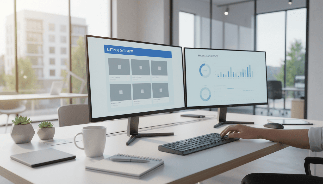 Modern real estate office desk with laptop and graphs