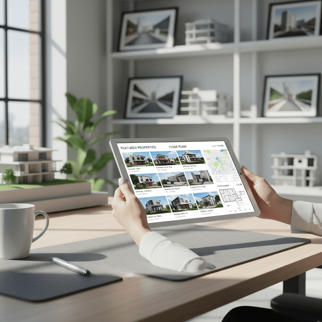 Real estate professional reviewing leads on a tablet in a modern office
