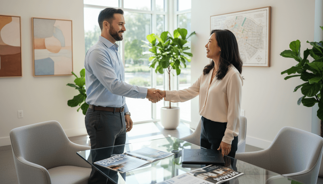 Real estate agent shaking hands with client after closing a deal