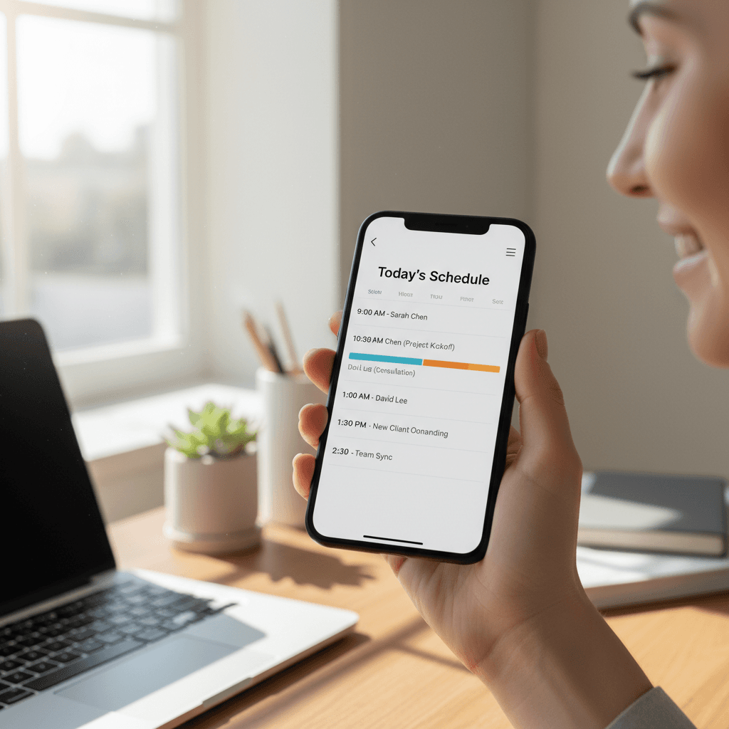 Business professional automating follow-ups from a smartphone in a bright workspace