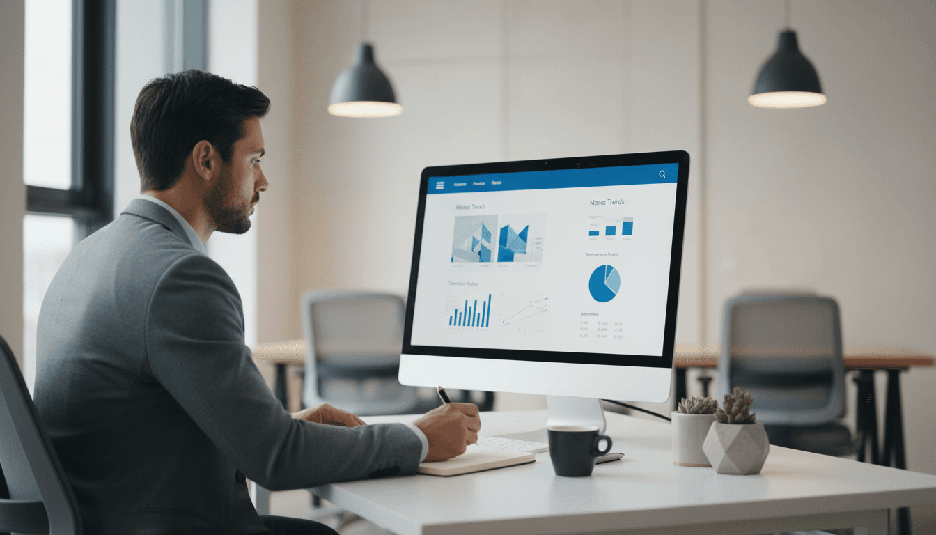 Real estate agent reviewing growth metrics on a laptop in a modern office
