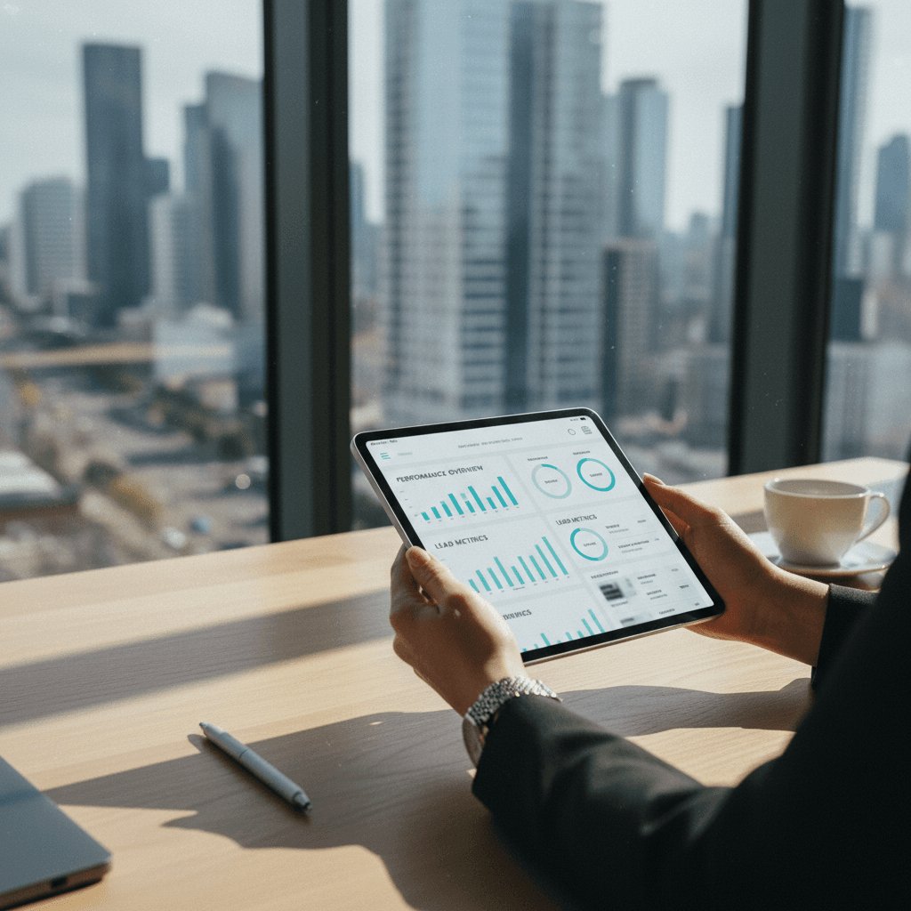 Real estate agent smiling while looking at tablet with lead profiles in modern office