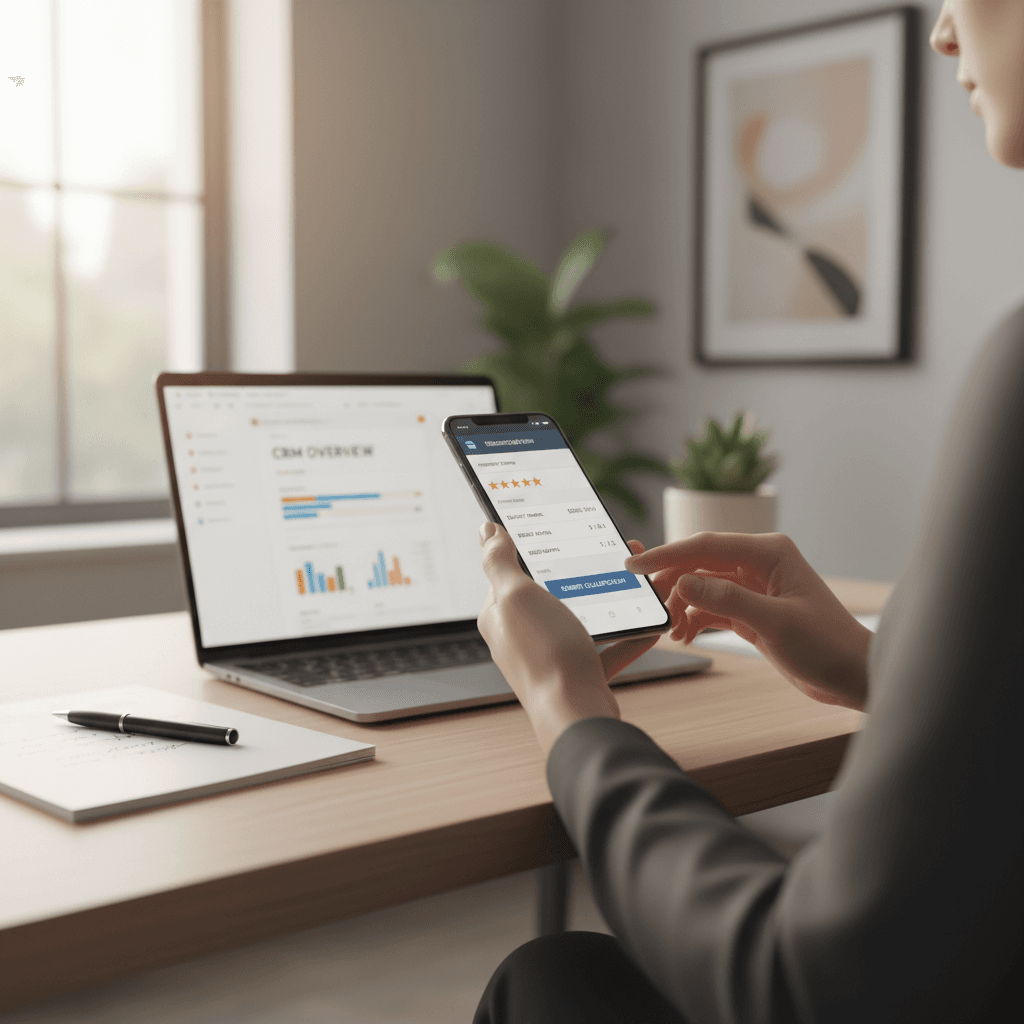 Real estate agent checking messages on a smartphone in a modern office